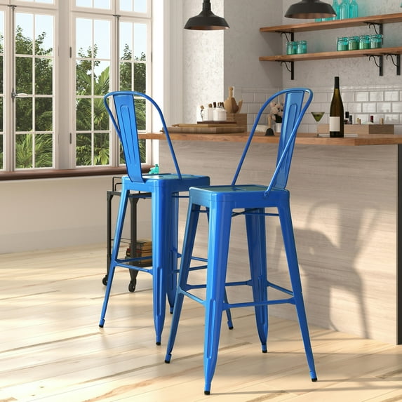 Merrick Lane Blue 30" High Metal Bar Height Stool with Removable Back for Indoor-Outdoor Use
