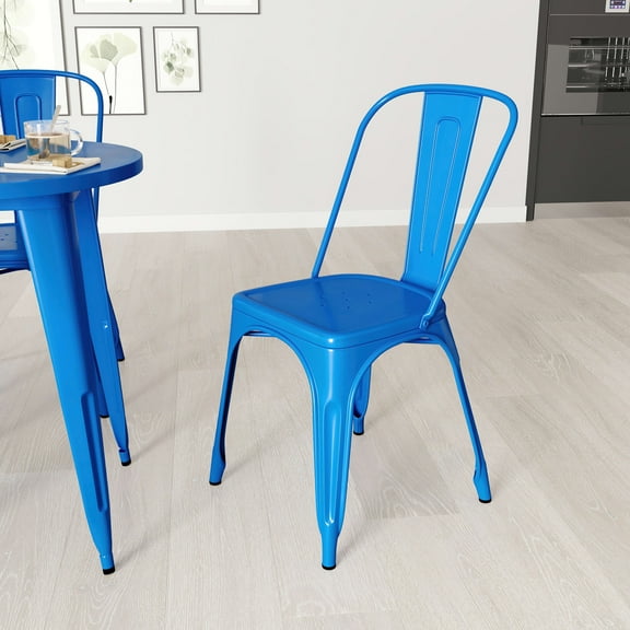 Merrick Lane Blue Metal Dining Chair With Curved Vertical Slatted Back And Square Seat