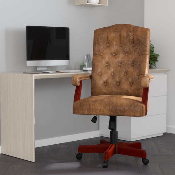 Merrick Lane Bomber Brown Ultra-Suede Victorian Style 360° Swivel High-Back Office Chair With Padded Scrolled Arms and Wood Capped Metal Base