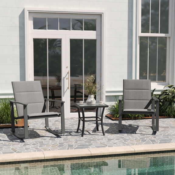 Merrick Lane Brevyn 3 Piece Outdoor Bistro Set with Flex Comfort Rocking Chairs and Steel Framed Glass Top Table, Gray/Black
