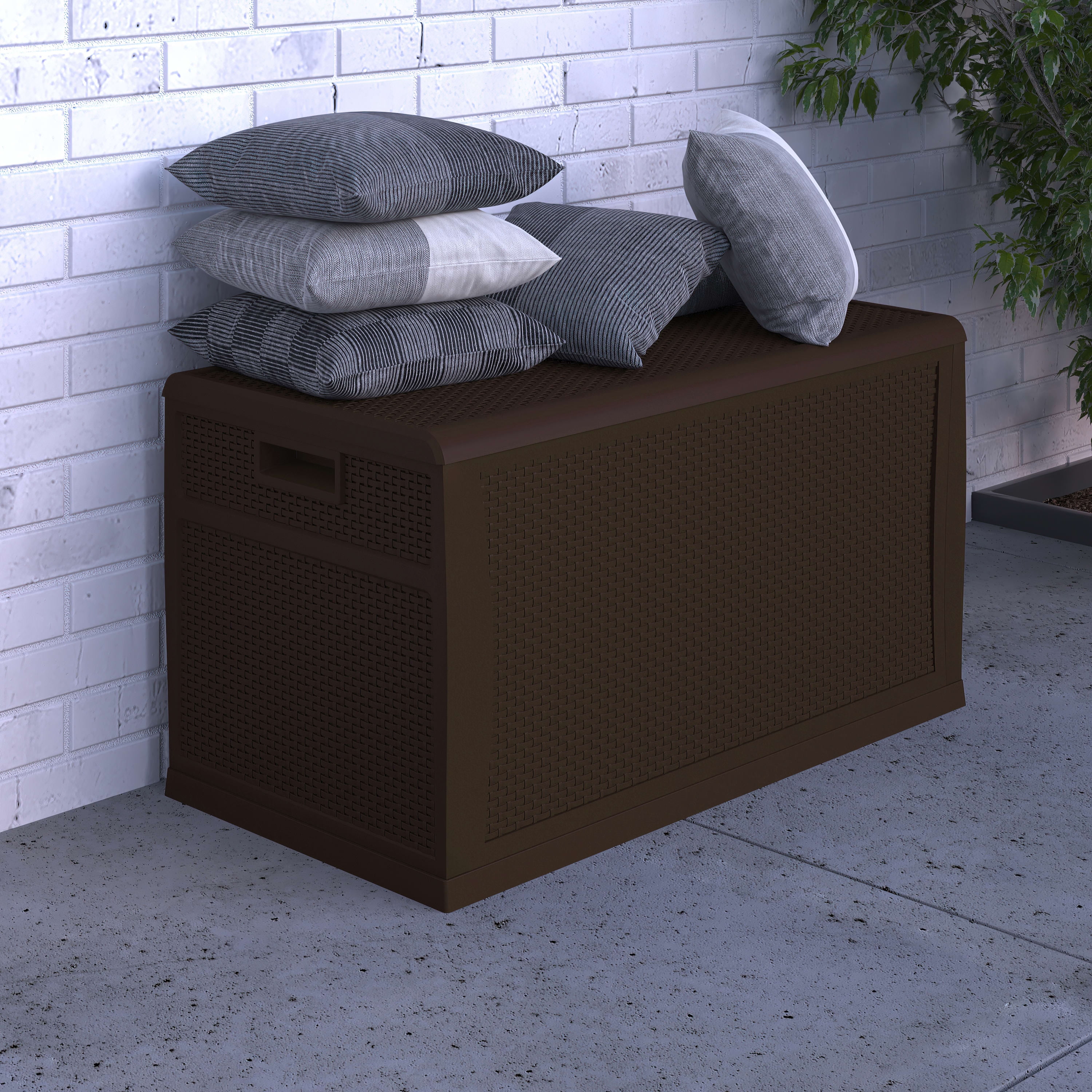 Brown 120 Gallon Lockable Plastic Deck Storage Box