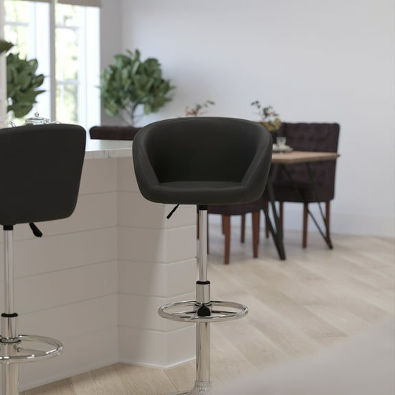 Merrick Lane Bucket Seat Bar and Dining Stool Modern Black Vinyl Stool with 360 Swivel, Adjustable Height and Chrome Footrest