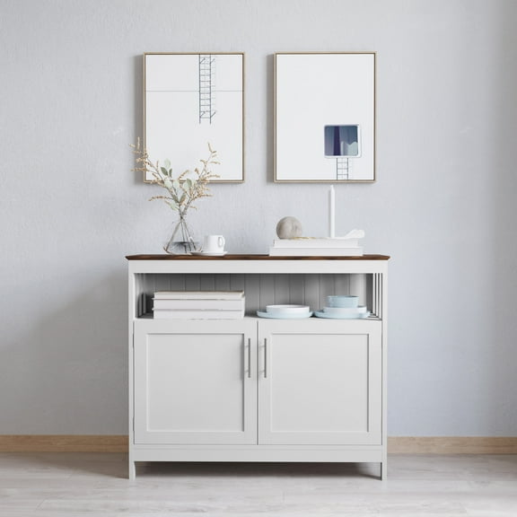Merrick Lane Buffet and Sideboard with Storage Cabinet and Upper Shelf in White with Walnut Finish Top