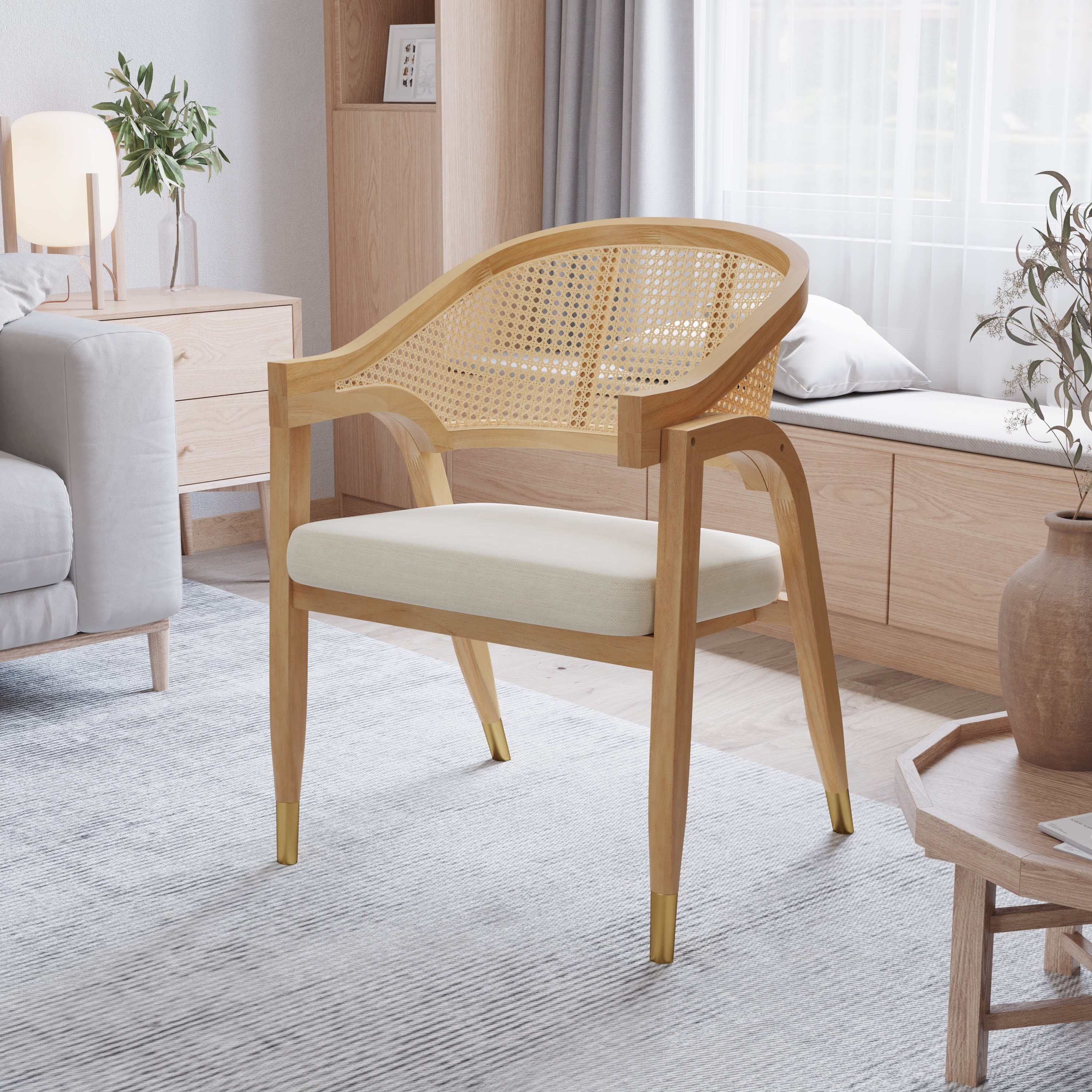 Merrick Lane Cane Rattan Padded Accent or Dining Chair with Gold Accented Legs in Natural