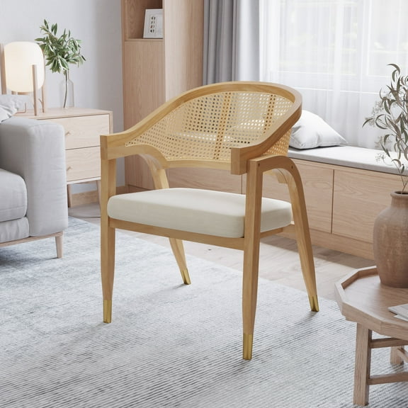 Merrick Lane Cane Rattan Padded Accent or Dining Chair with Gold Accented Legs in Natural