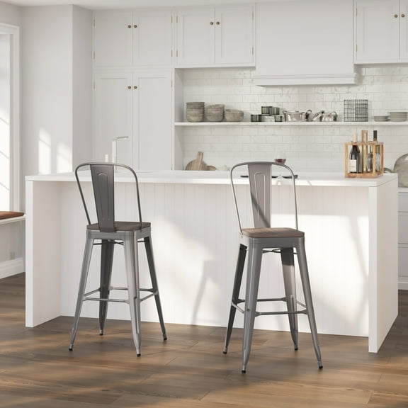 Merrick Lane Clear Coated Bar Stool with Curved Back Wooden Seat Slatted, Clear Coated (Set of 2)