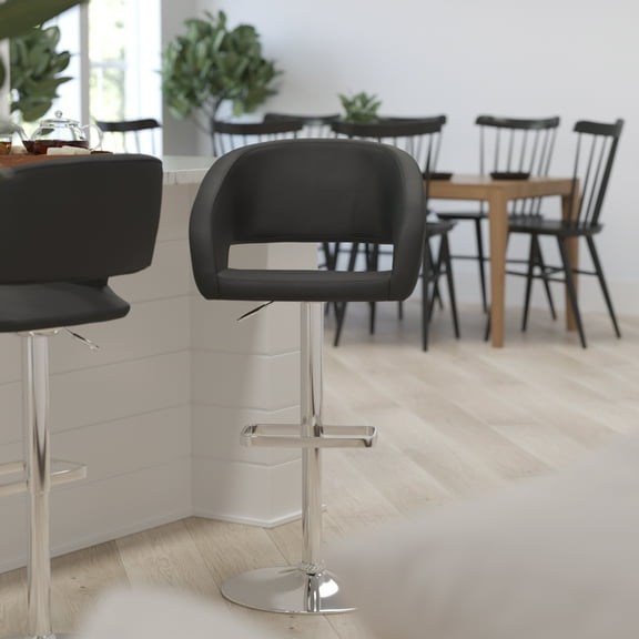Merrick Lane Contemporary Black Vinyl Adjustable Height Barstool with Rounded Mid-Back and Chrome Base