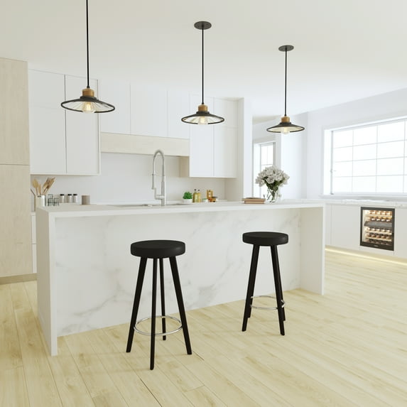 Merrick Lane Contemporary Black Vinyl Barstool with Retro 4-Point Cappuccino Wood Legs and Chrome Footrest