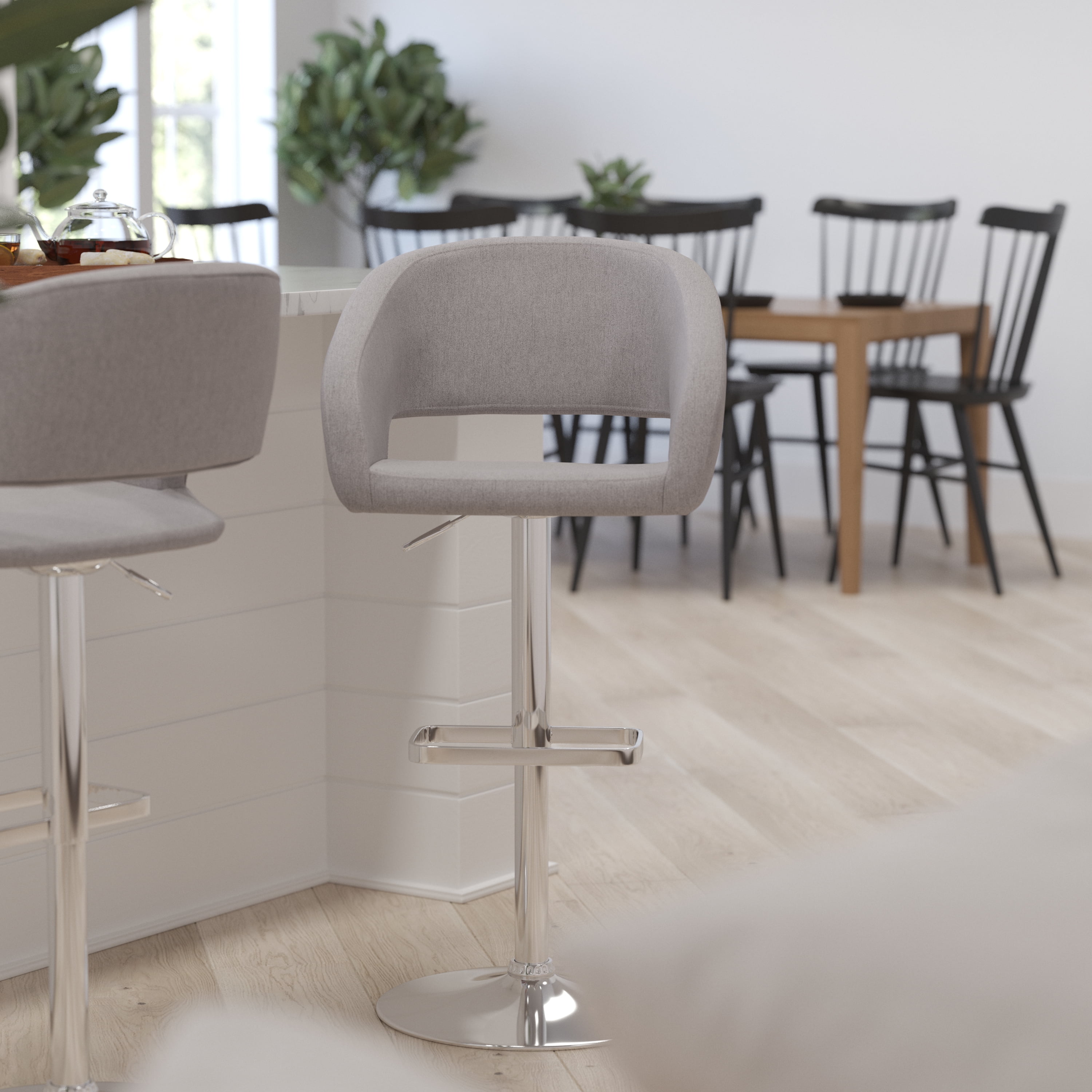 Gray Fabric and Chrome Adjustable Swivel Bar Stool