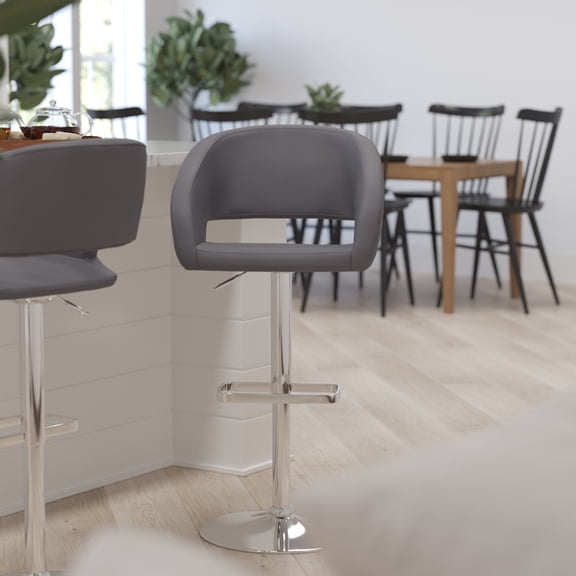 Merrick Lane Contemporary Gray Vinyl Adjustable Height Barstool with Rounded Mid-Back and Chrome Base