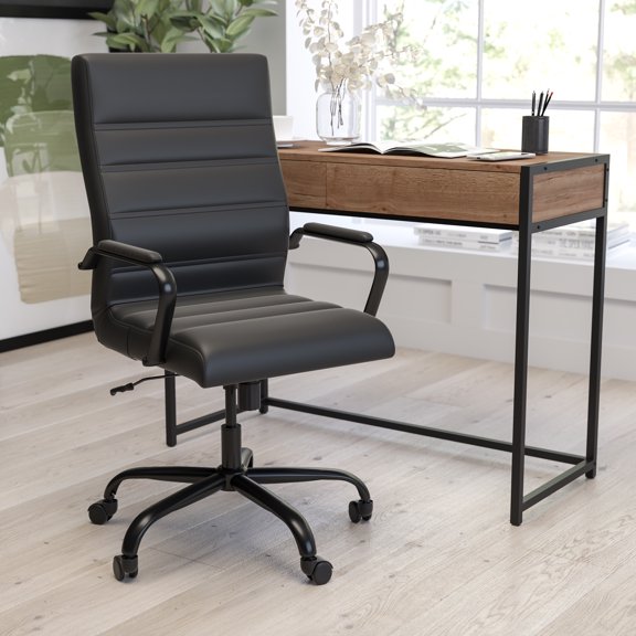 Merrick Lane Contemporary High-Back Black Faux Leather Home Office Chair with Padded Black Arms