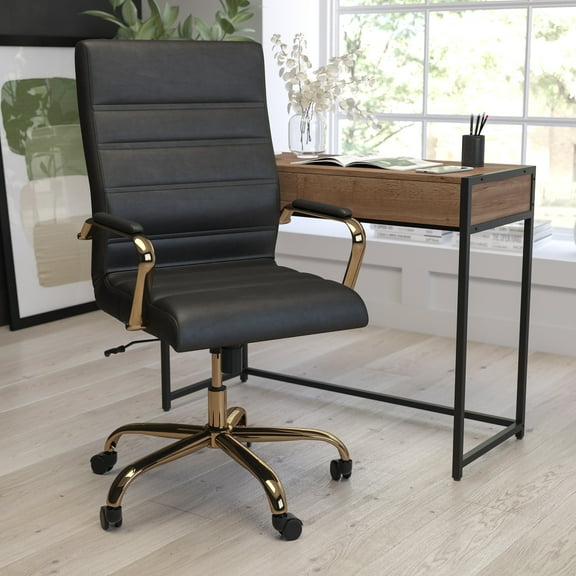 Merrick Lane Contemporary High-Back Black Faux Leather Home Office Chair with Padded Gold Arms