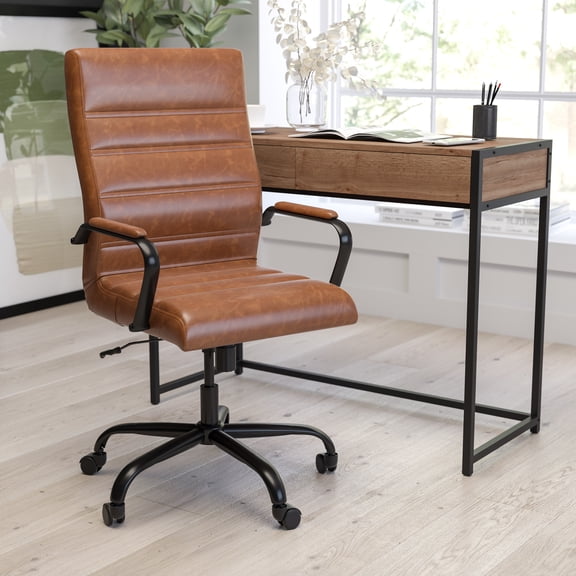 Merrick Lane Contemporary High-Back Brown Faux Leather Home Office Chair with Padded Black Arms