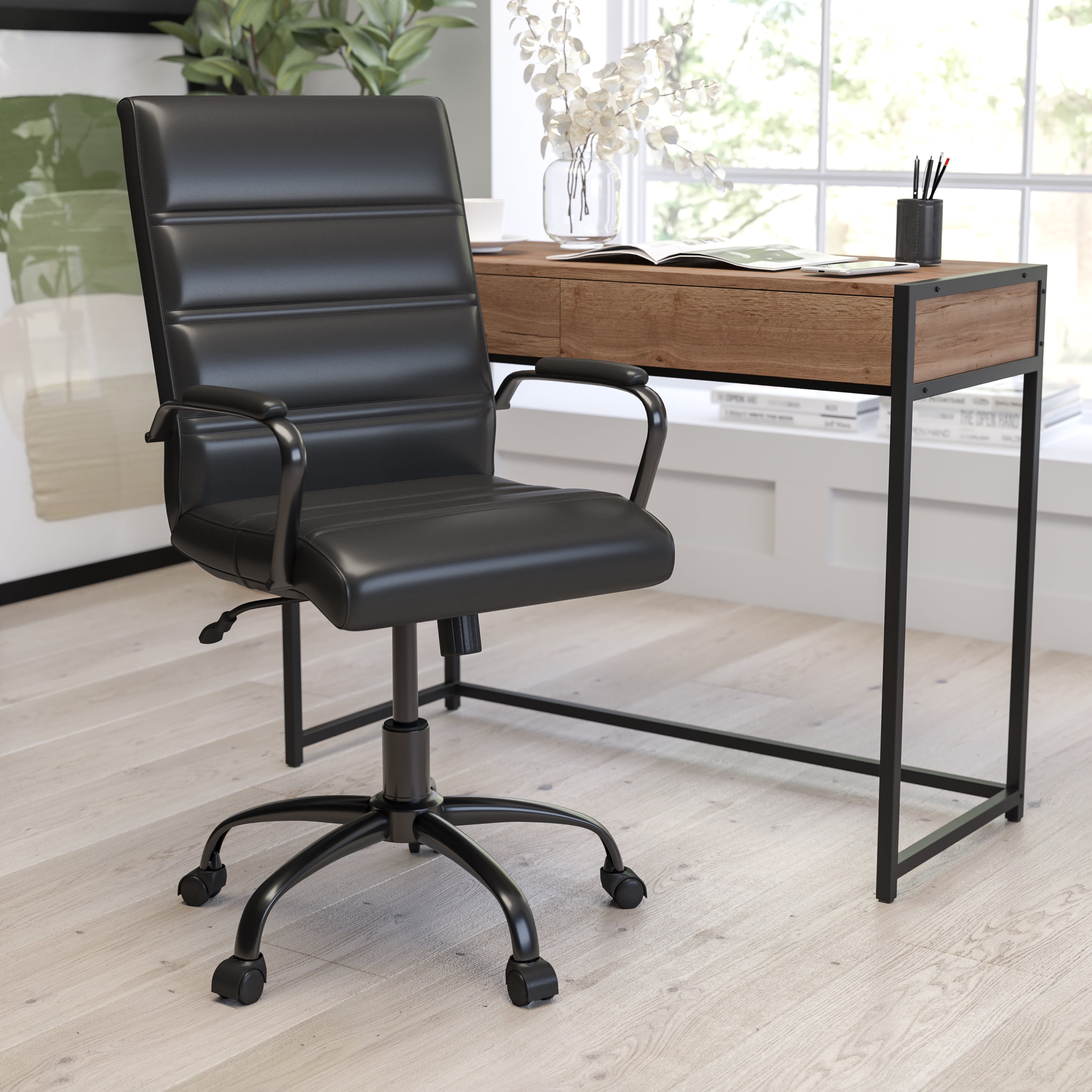 Merrick Lane Contemporary Mid-Back Black Faux Leather Home Office Chair with Padded Black Arms