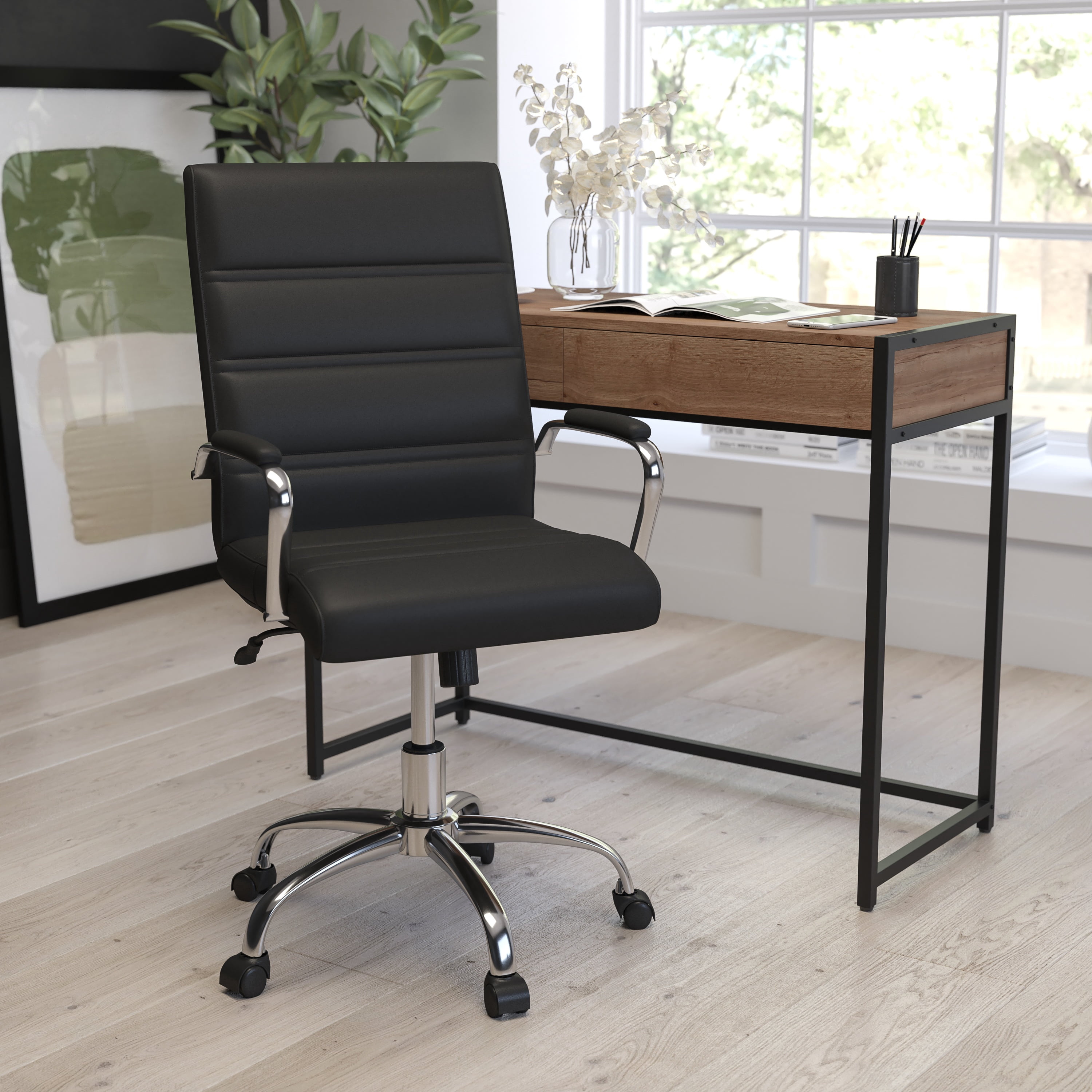 Merrick Lane Contemporary Mid-Back Black Faux Leather Home Office Chair with Padded Chrome Arms
