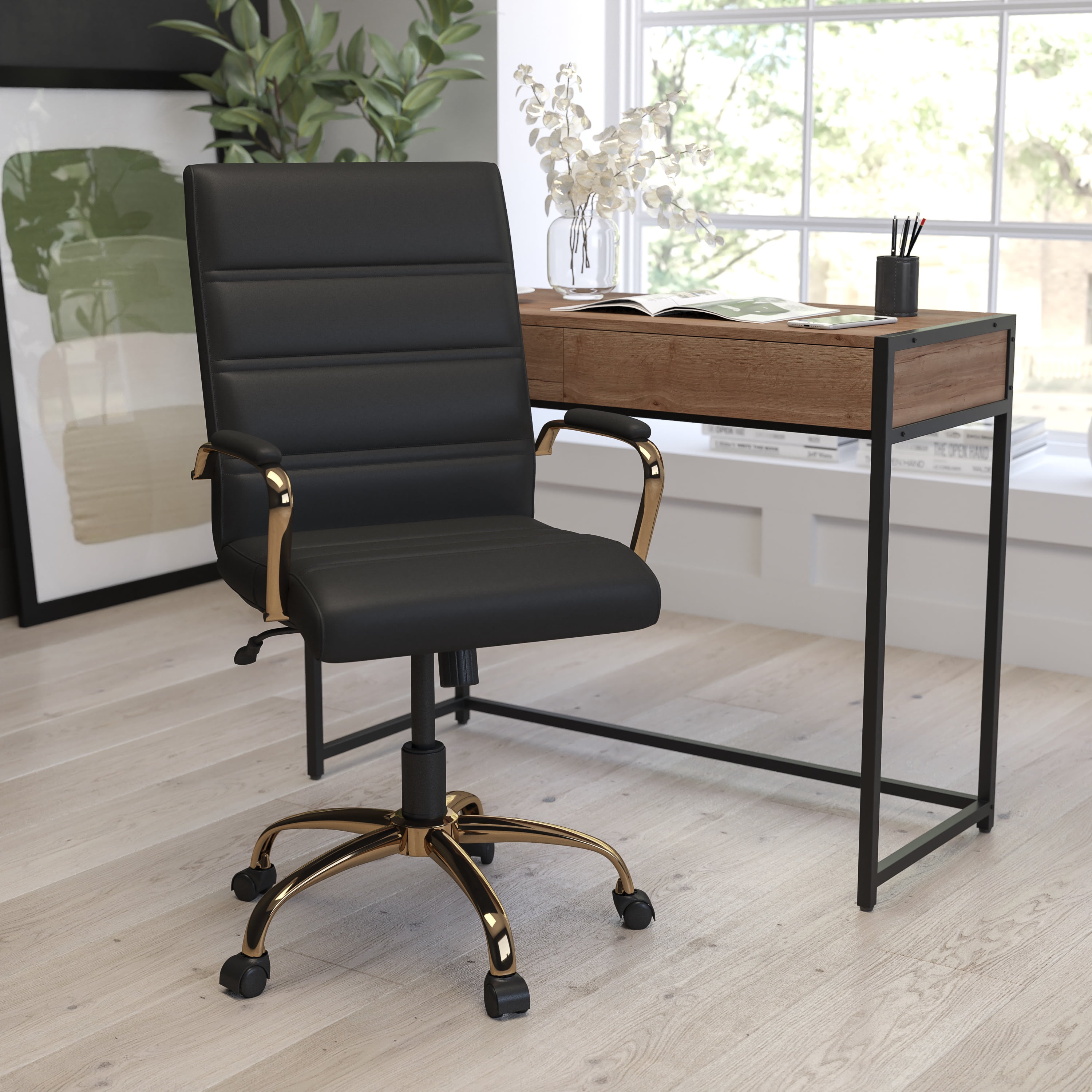 Merrick Lane Contemporary Mid-Back Black Faux Leather Home Office Chair with Padded Gold Arms