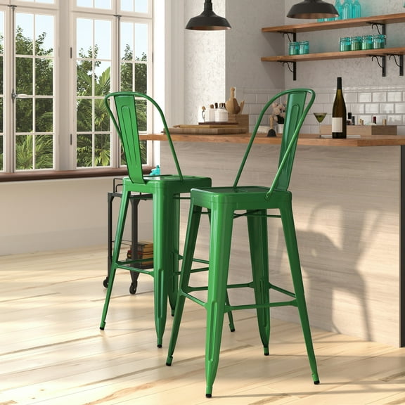Merrick Lane Contemporary Square Indoor-Outdoor Use Curved slatted back Bar Height Stool, Green