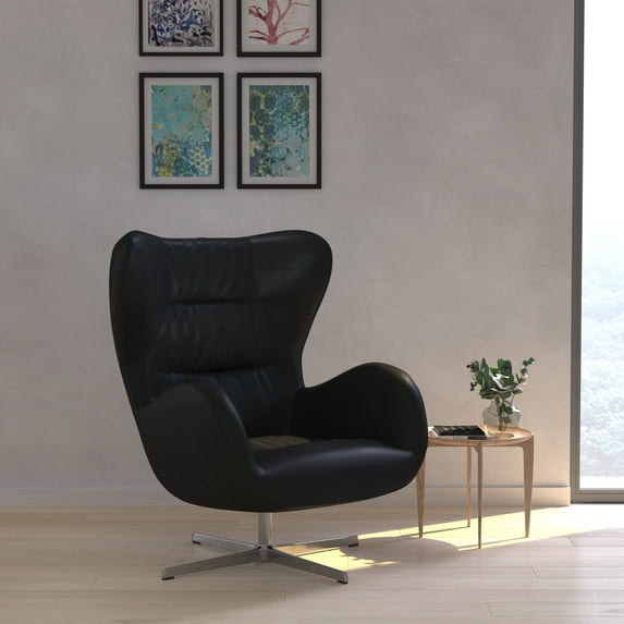 Merrick Lane Ergonomic High-Back Lounge Chair 360° Swivel Accent Chair Black Faux Leather Side Chair with 4 Star Alloy Base