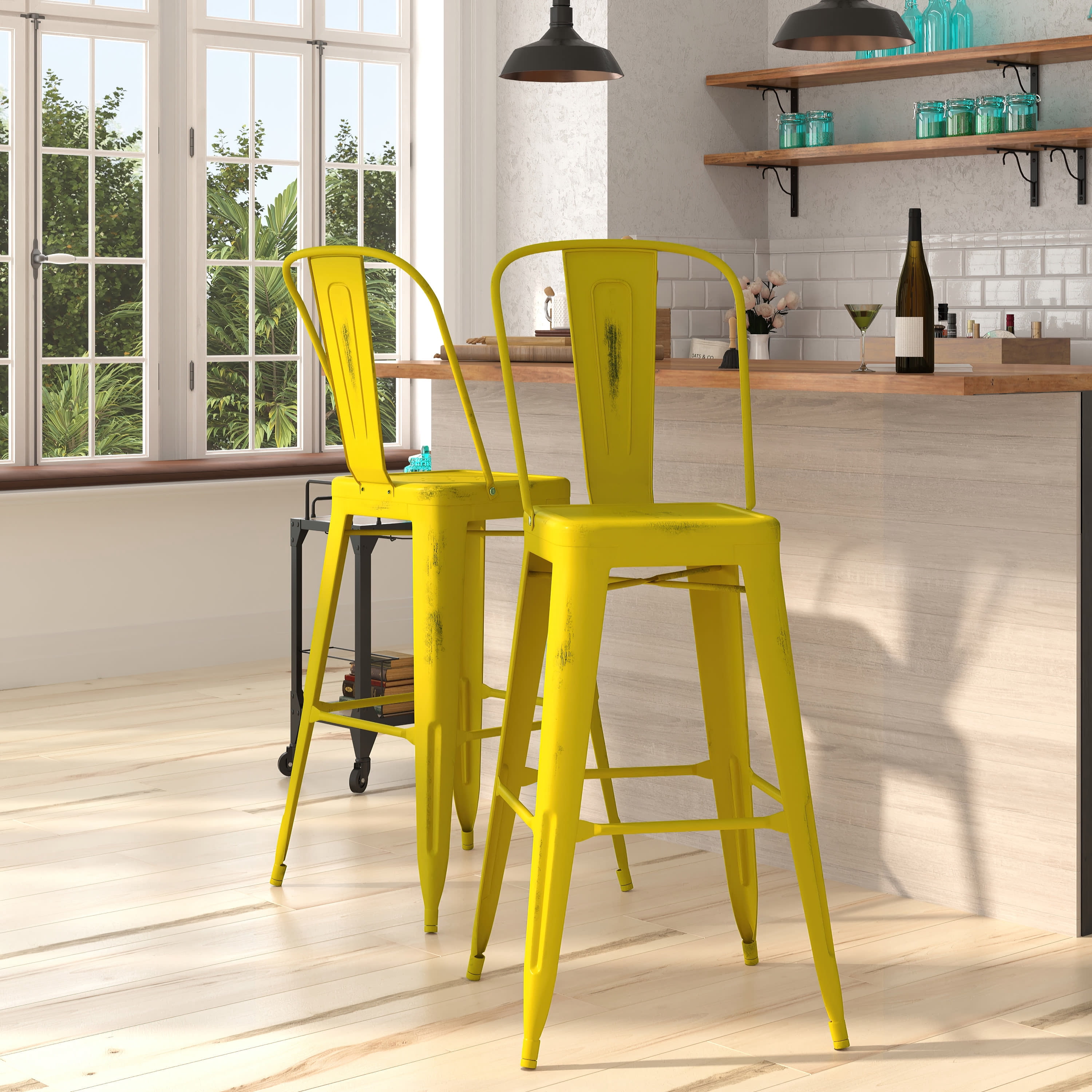 Merrick Lane Ergonomic Vertical Slat Back Counter Stool, Distressed ...