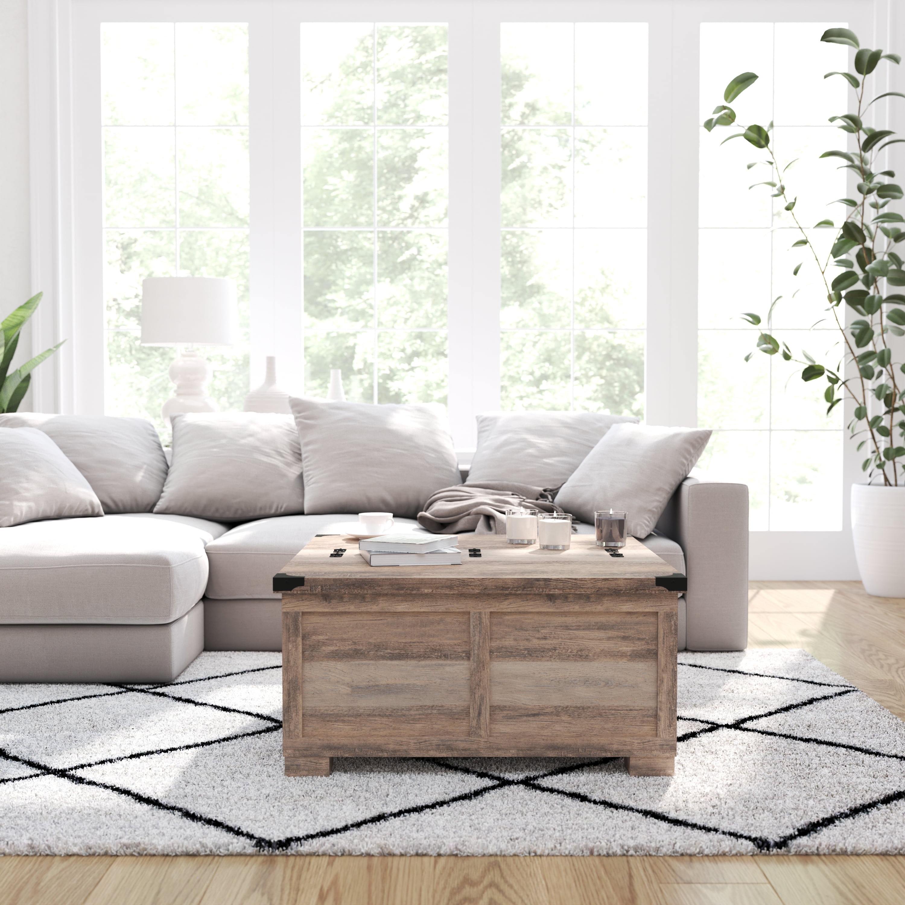 Merrick Lane Farmhouse Storage Coffee Table, Gray Wash