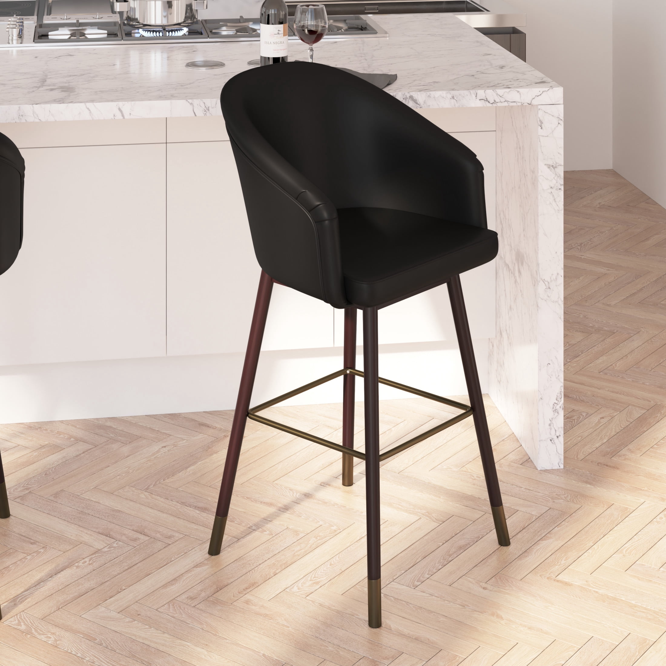Merrick Lane Faux Leather Mid-Back Bar Stools, Black/Walnut - Walmart ...