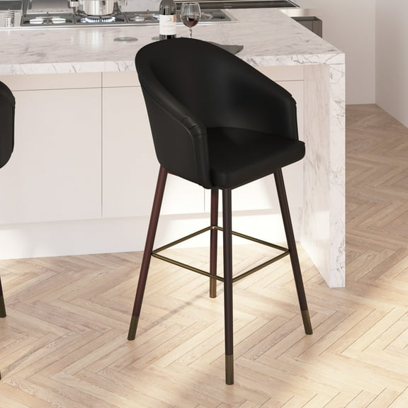 Merrick Lane Faux Leather Mid-Back Bar Stools, Black/Walnut