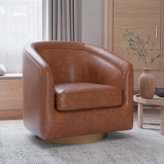 Merrick Lane Faux Leather Upholstered Club Style Barrel Chair with Sloped Armrests and 360 Degree Swivel Base in a Brushed Gold Vinyl Wrap - Brown