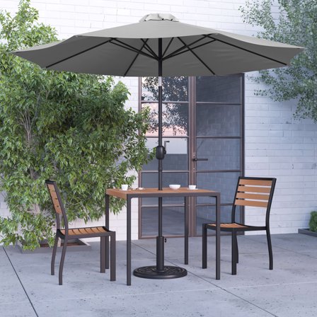 Merrick Lane Five Piece Faux Teak Patio Dining Set - 35" Square Table, Two Armless Stacking Club Chairs, 9' Gray Umbrella and Base