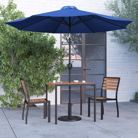 Merrick Lane Five Piece Faux Teak Patio Dining Set - 35" Square Table, Two Armless Stacking Club Chairs, 9' Navy Umbrella and Base