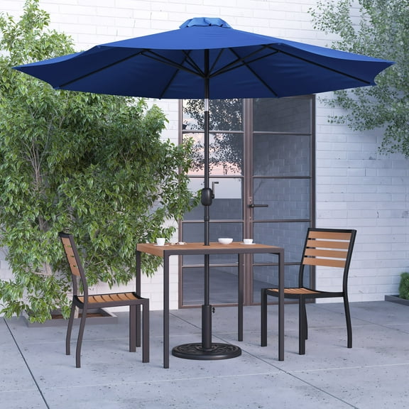 Merrick Lane Five Piece Faux Teak Patio Dining Set - 35" Square Table, Two Armless Stacking Club Chairs, 9' Navy Umbrella and Base
