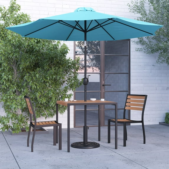 Merrick Lane Five Piece Faux Teak Patio Dining Set - 35" Square Table, Two Armless Stacking Club Chairs, 9' Teal Umbrella and Base