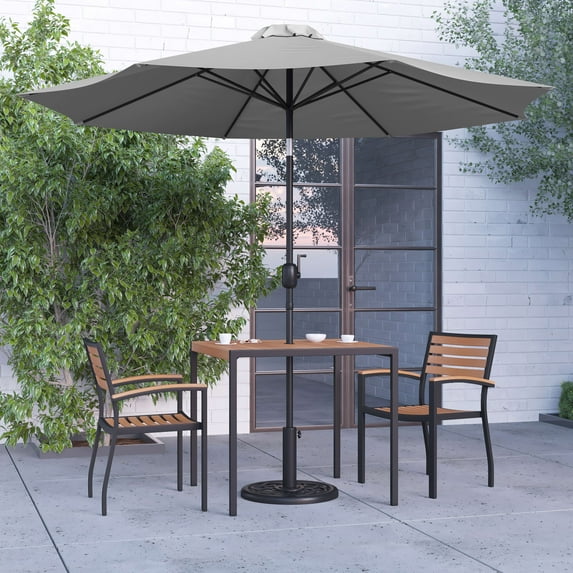 Merrick Lane Five Piece Faux Teak Patio Dining Set Includes 35" Square Table, Two Club Chairs, 9' Gray Patio Umbrella and Base
