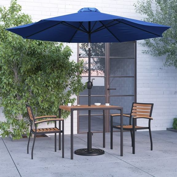 Merrick Lane Five Piece Faux Teak Patio Dining Set Includes 35" Square Table, Two Club Chairs, 9' Navy Patio Umbrella and Base