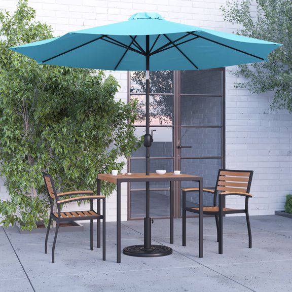 Merrick Lane Five Piece Faux Teak Patio Dining Set Includes 35" Square Table, Two Club Chairs, 9' Teal Patio Umbrella and Base