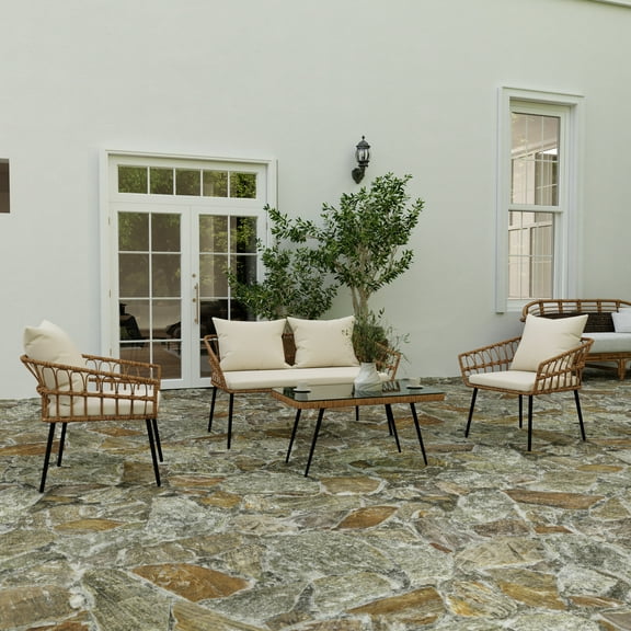 Merrick Lane Four Piece Indoor/Outdoor Boho Open Weave Natural Rattan Rope Patio Set with Two Chairs, Loveseat and Table with Cream Cushions
