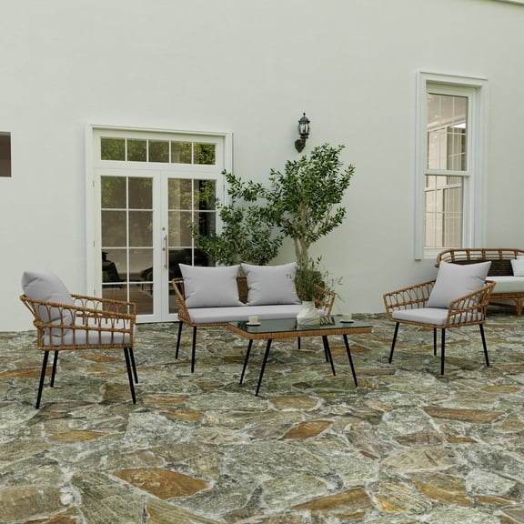 Merrick Lane Four Piece Indoor/Outdoor Boho Open Weave Natural Rattan Rope Patio Set with Two Chairs, Loveseat and Table with Gray Cushions