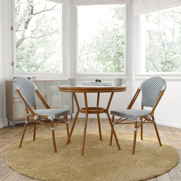 Merrick Lane French Bistro Style Table with Glass Top, Black & White Textilene, 2 Stack Chairs, and Light Bamboo Finished Metal Frame for Indoor/Outdoor Use