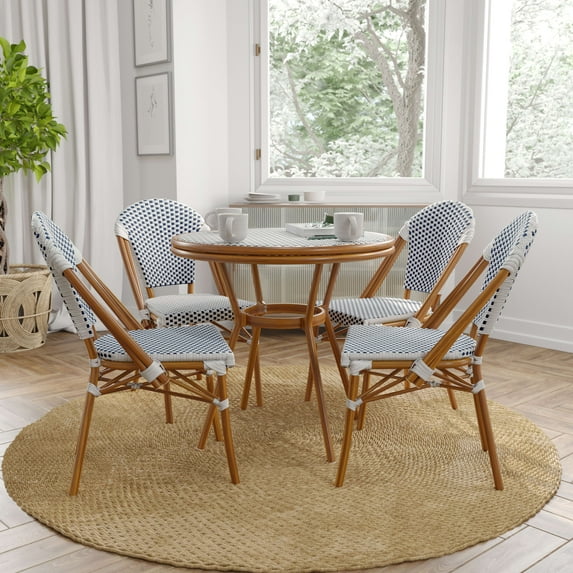 Merrick Lane French Bistro Style Table with Glass Top, Black & White Textilene, 4 Stack Chairs, and Light Bamboo Finished Metal Frame for Indoor/Outdoor Use