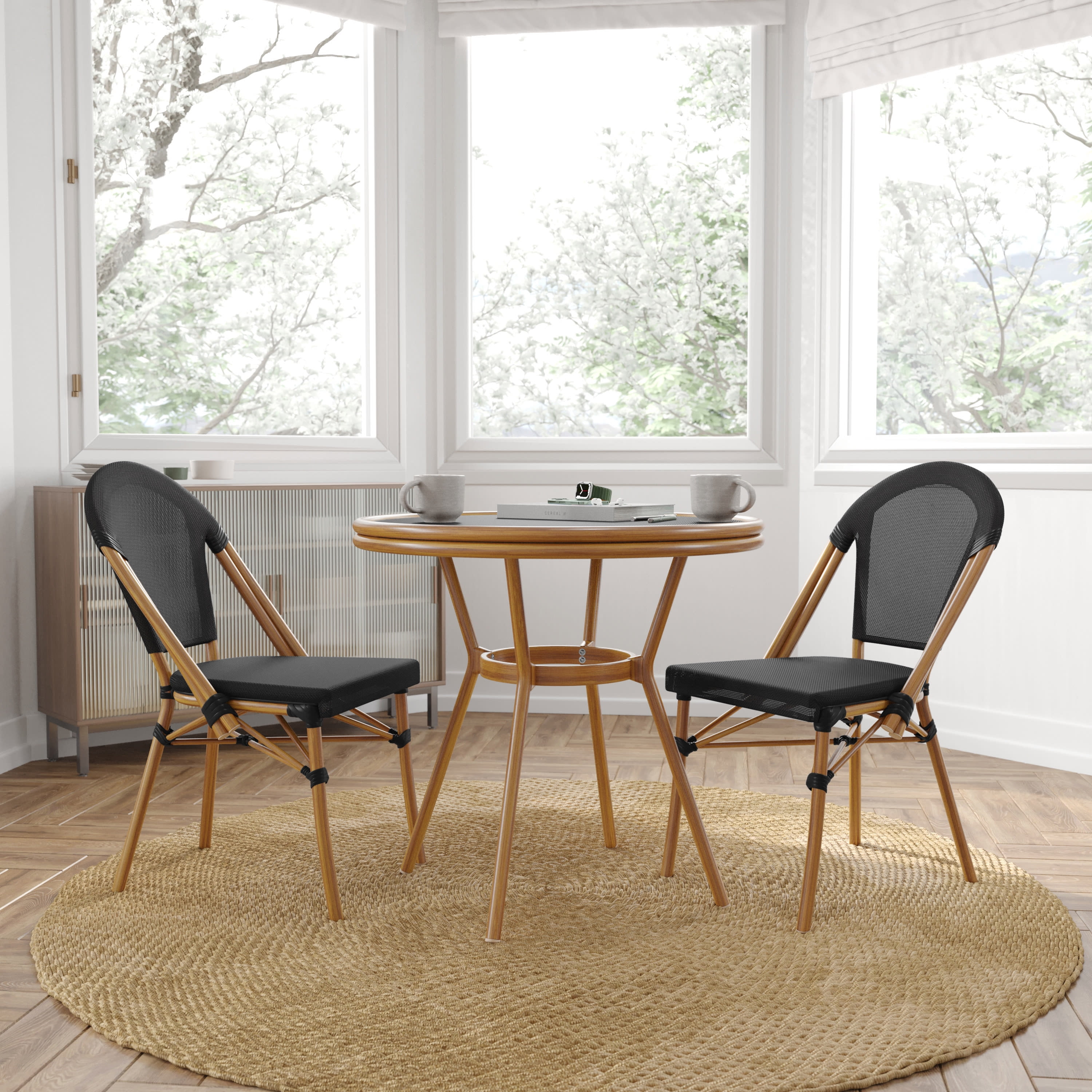 Natural & White Bamboo Bistro Set with Glass Top Table and Aluminum Frame