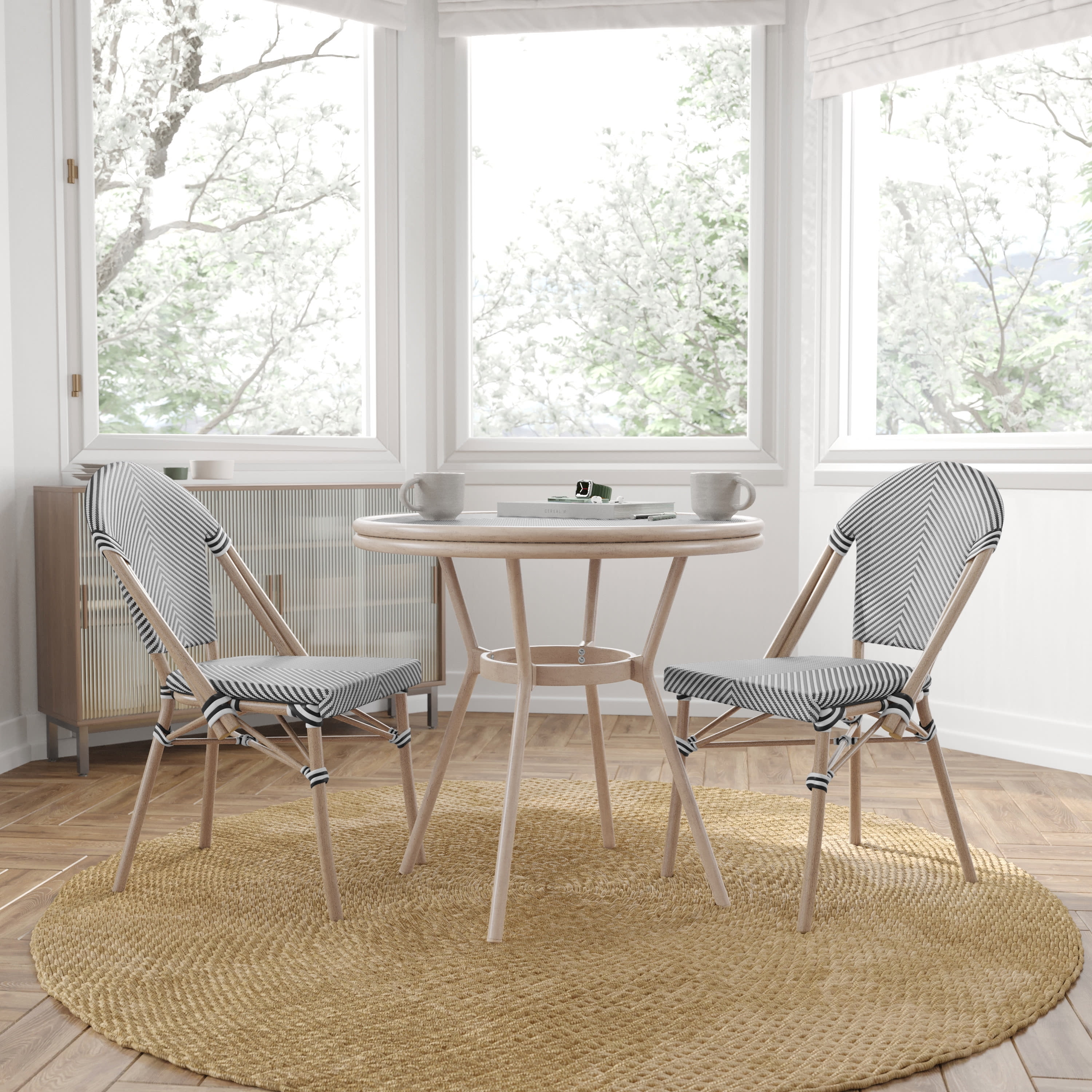 Merrick Lane French Bistro Style Table with Glass Top, Natural & White ...