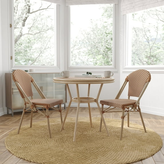 Merrick Lane French Bistro Style Table with Glass Top, Black Textilene, 2 Stack Chairs, and Bamboo Finished Metal Frame for Indoor/Outdoor Use