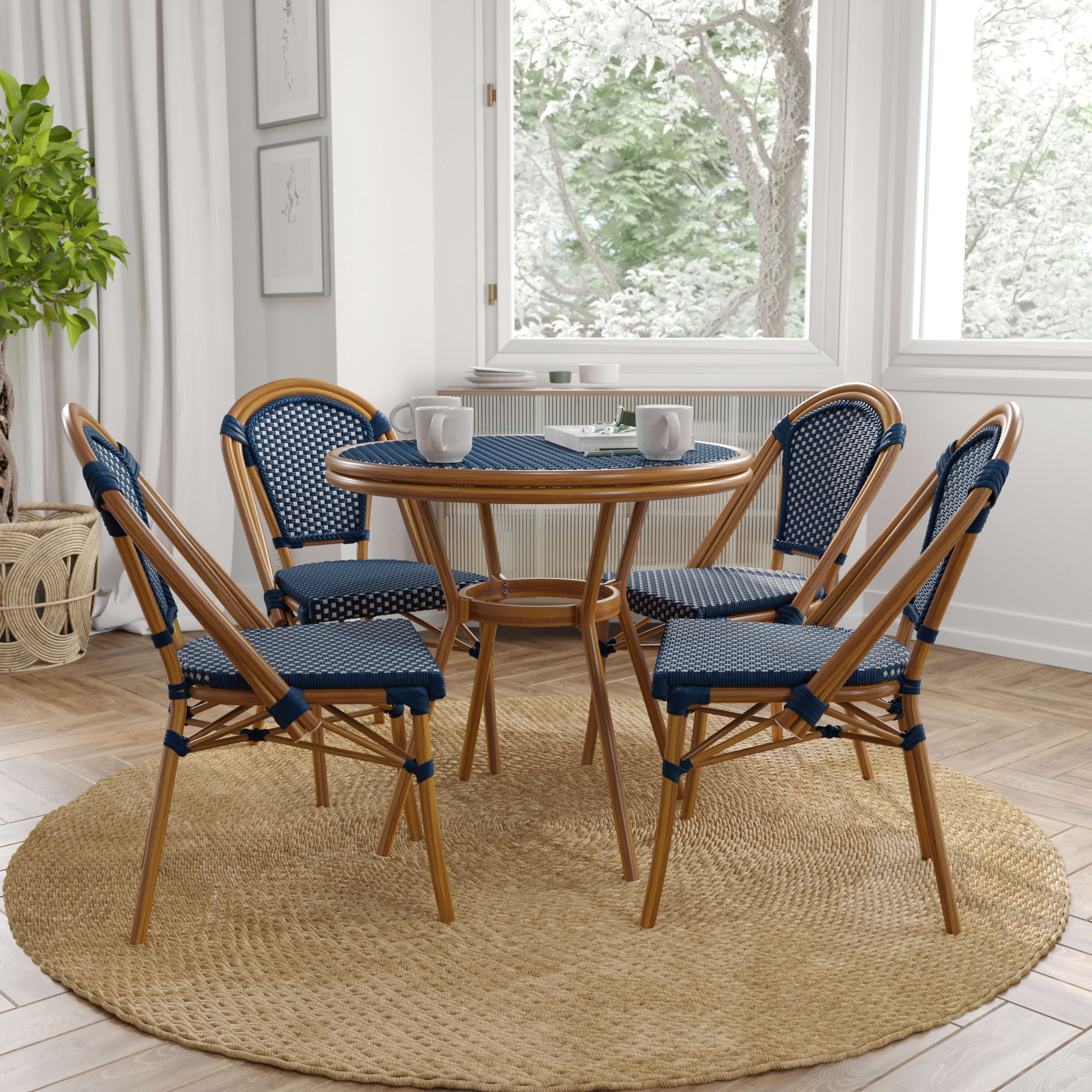 Navy & White Rattan Bistro Set with Glass Top Table
