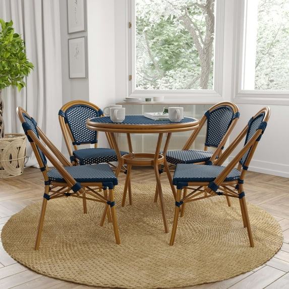 Merrick Lane French Bistro Style Table with Glass Top, Navy & White PE Rattan, 2 Stack Chairs, and Bamboo Finished Metal Frame for Indoor/Outdoor Use