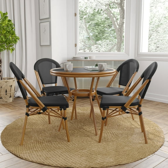 Merrick Lane French Bistro Style Table with Glass Top, Navy & White PE Rattan, 4 Stack Chairs, and Bamboo Finished Metal Frame for Indoor/Outdoor Use