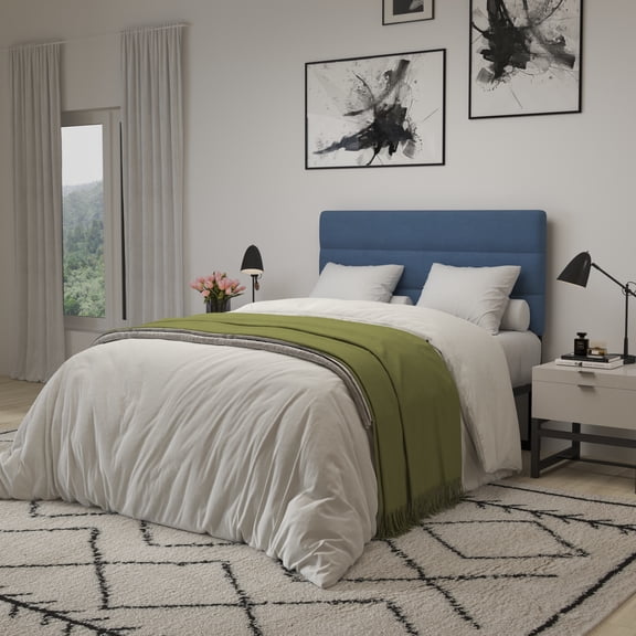 Merrick Lane Full Headboard with Blue Tufted Fabric Upholstery and Powder Coated Metal Frame