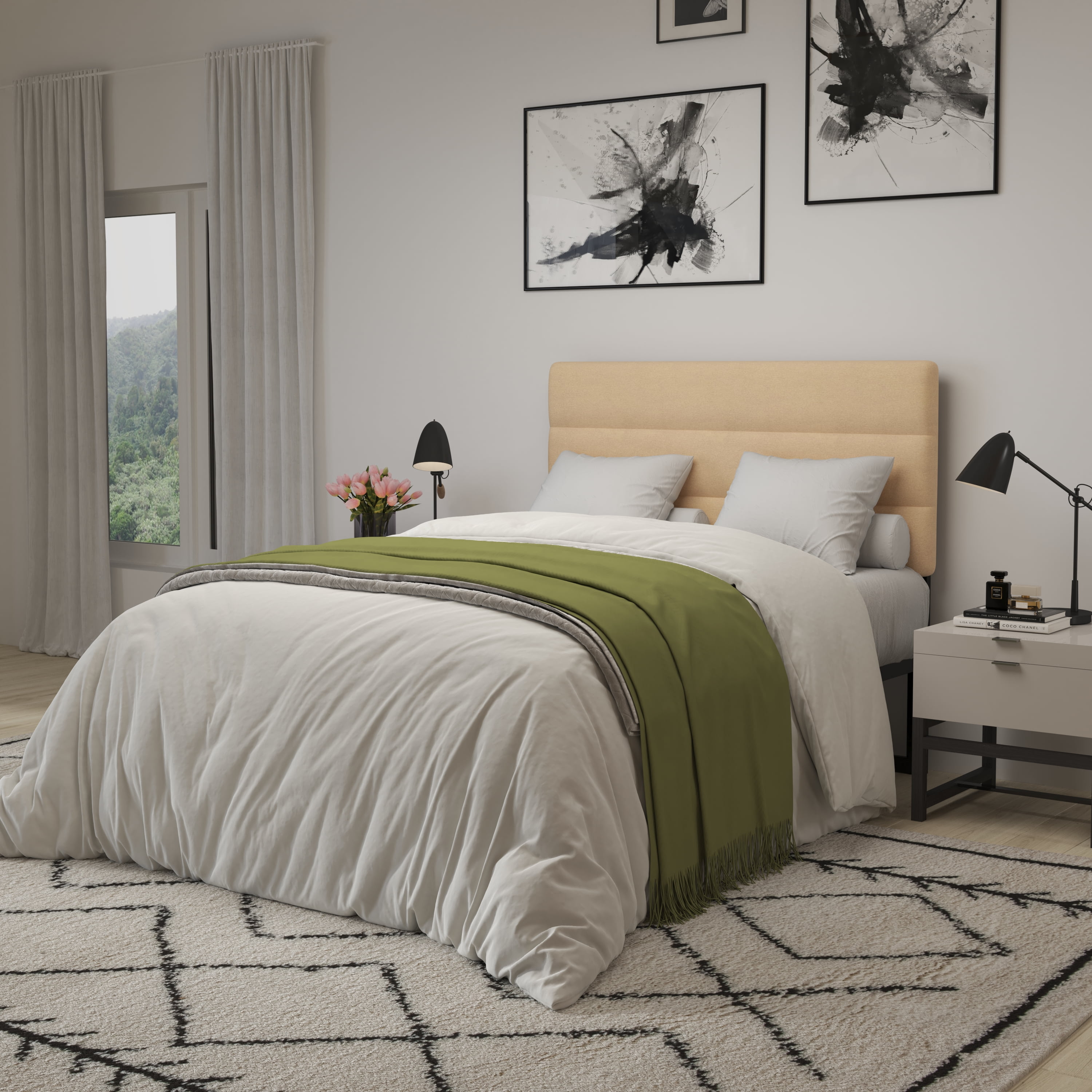 Merrick Lane Full Headboard with Cream Tufted Fabric Upholstery and Powder Coated Metal Frame