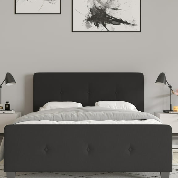 Merrick Lane Full Size Platform Bed Contemporary Tufted Upholstered Platform Bed with Footboard in Black Fabric