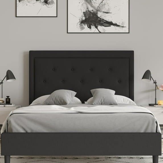 Merrick Lane Full Size Platform Bed Tufted Upholstered Platform Bed in Black Fabric