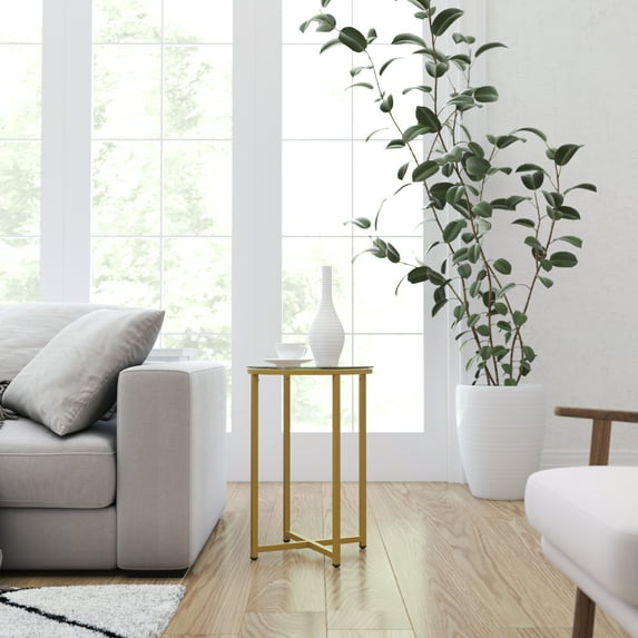 Merrick Lane Glass End Table with Round Brushed Gold Cross Brace Frame