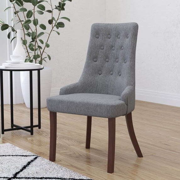 Merrick Lane Gray Fabric Upholstered Tufted Side Accent Chair with Curved Rear Legs in Mahogany Finish